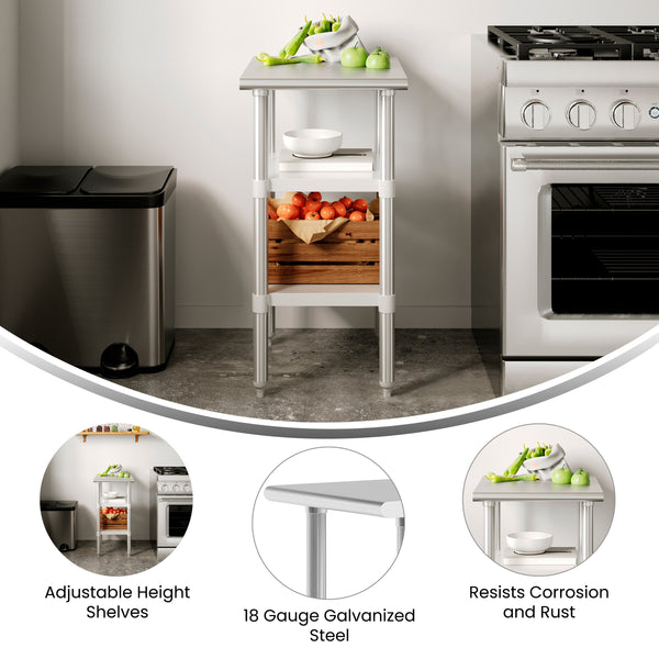 24"W x 18"D |#| Commercial Stainless Steel 18 Gauge Work Table with 2 Undershelves - 24x18