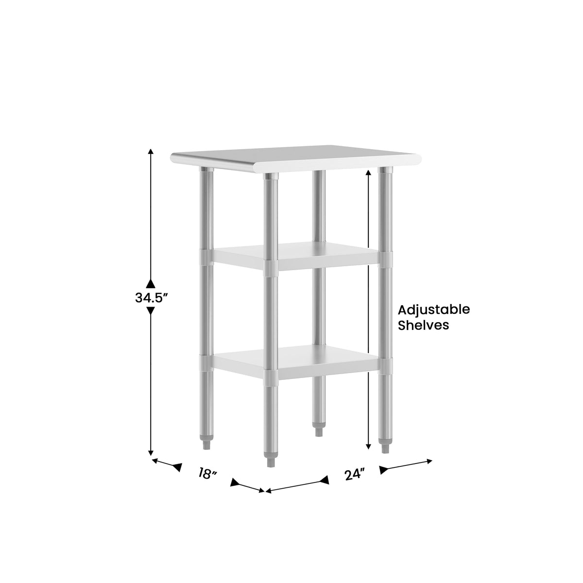 24"W x 18"D |#| Commercial Stainless Steel 18 Gauge Work Table with 2 Undershelves - 24x18
