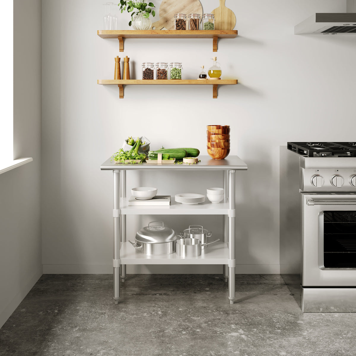 24"W x 36"D |#| Commercial Stainless Steel 18 Gauge Work Table with 2 Undershelves - 24x36