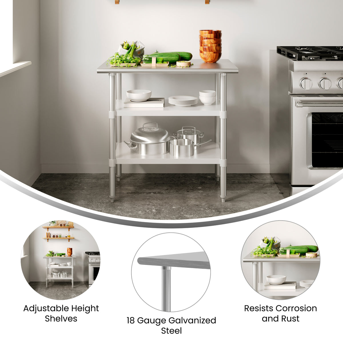 24"W x 36"D |#| Commercial Stainless Steel 18 Gauge Work Table with 2 Undershelves - 24x36