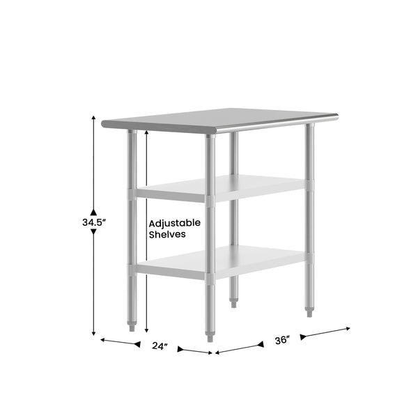 24"W x 36"D |#| Commercial Stainless Steel 18 Gauge Work Table with 2 Undershelves - 24x36