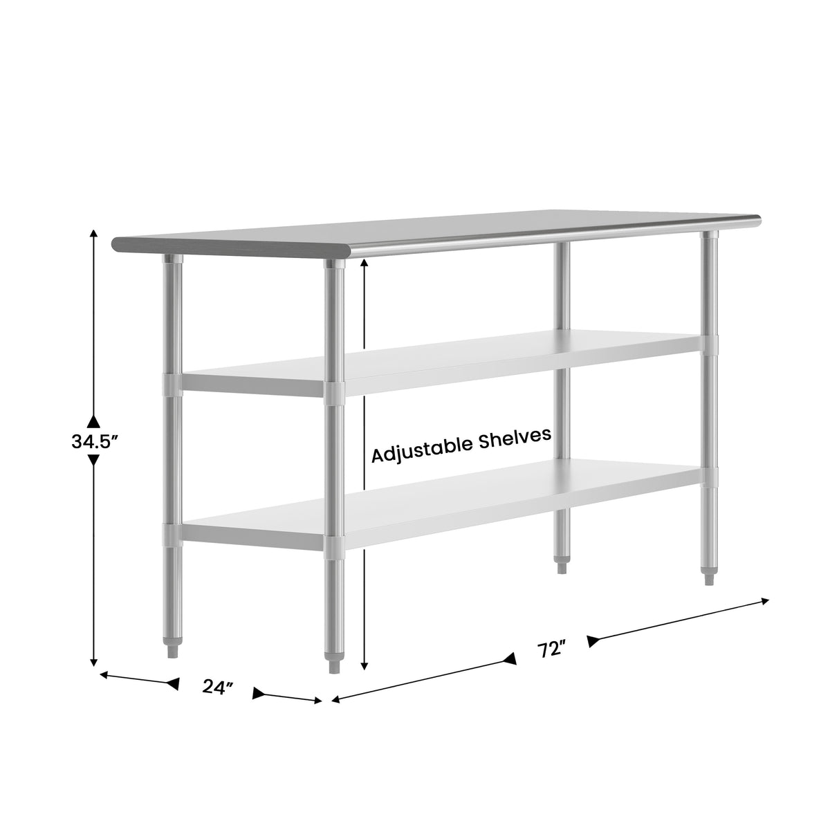72"W x 24"D x 34.5"H |#| Commercial Stainless Steel 18 Gauge Work Table with 2 Undershelves - 24x72