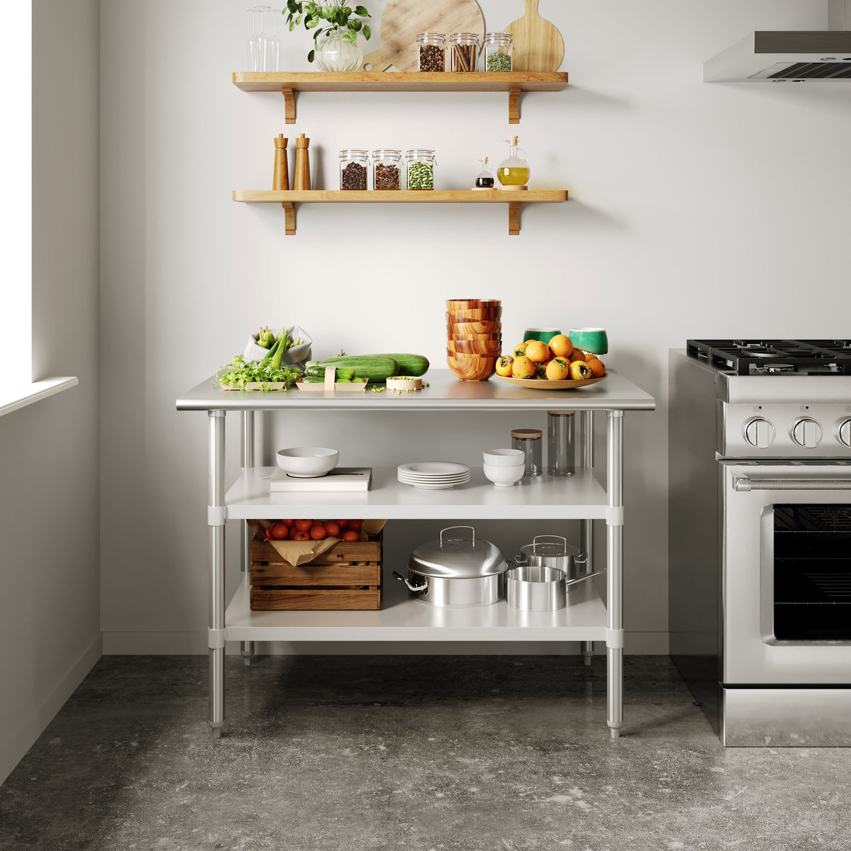 48"W x 30"D x 34.5"H |#| Commercial Stainless Steel 18 Gauge Work Table with 2 Undershelves - 30x48