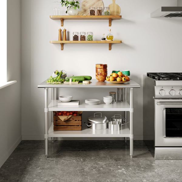 48"W x 30"D x 34.5"H |#| Commercial Stainless Steel 18 Gauge Work Table with 2 Undershelves - 30x48
