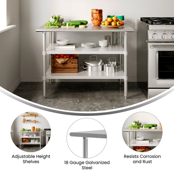 48"W x 30"D x 34.5"H |#| Commercial Stainless Steel 18 Gauge Work Table with 2 Undershelves - 30x48