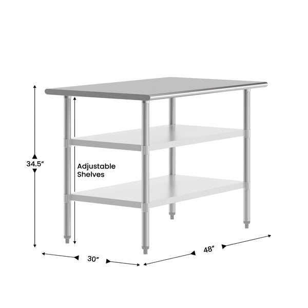 48"W x 30"D x 34.5"H |#| Commercial Stainless Steel 18 Gauge Work Table with 2 Undershelves - 30x48