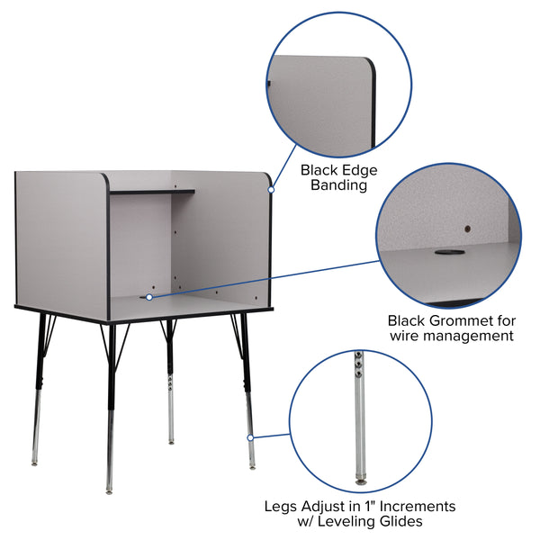 Nebula Grey |#| Stand-Alone Study Carrel with Height Adjustable Legs - Nebula Grey Finish