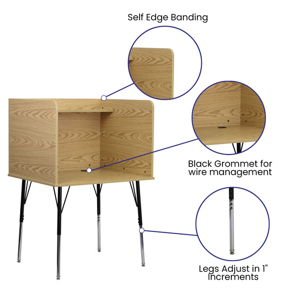 Oak |#| Stand-Alone Study Carrel with Height Adjustable Legs - Oak Finish