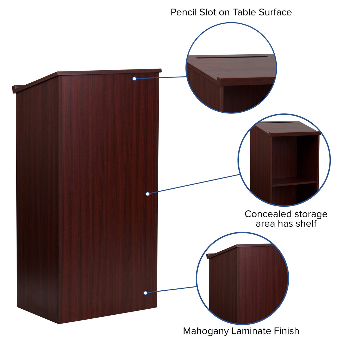 Mahogany |#| Stand-Up Wood Lectern in Mahogany with Adjustable Shelving and Slanted Top