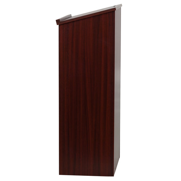 Mahogany |#| Stand-Up Wood Lectern in Mahogany with Adjustable Shelving and Slanted Top