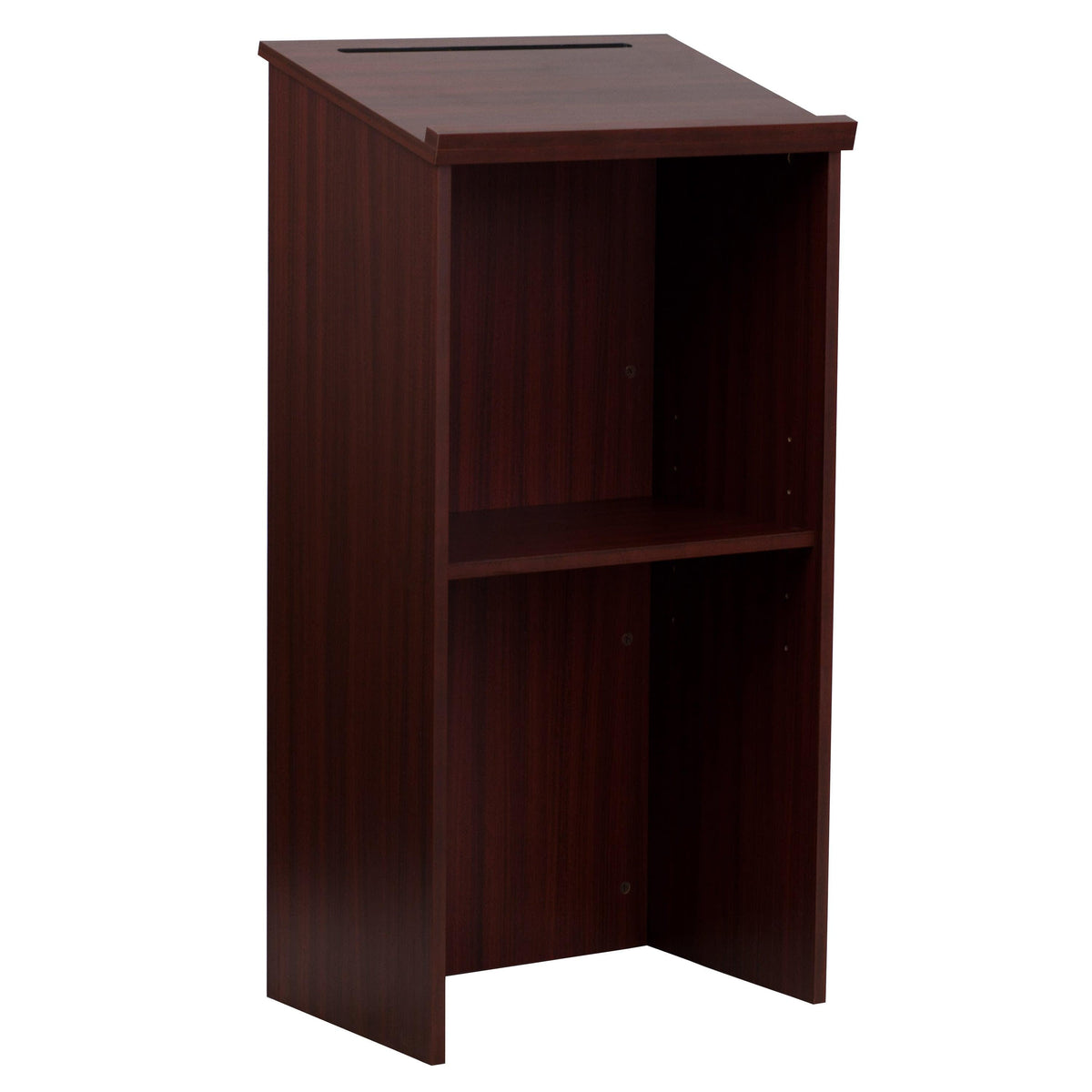 Mahogany |#| Stand-Up Wood Lectern in Mahogany with Adjustable Shelving and Slanted Top