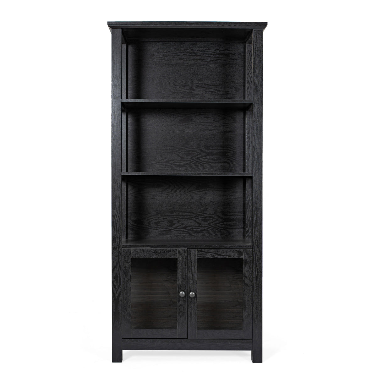 Black |#| 3 Tier Farmhouse Style Storage Cabinet Bookshelf with Glass Doors - Black