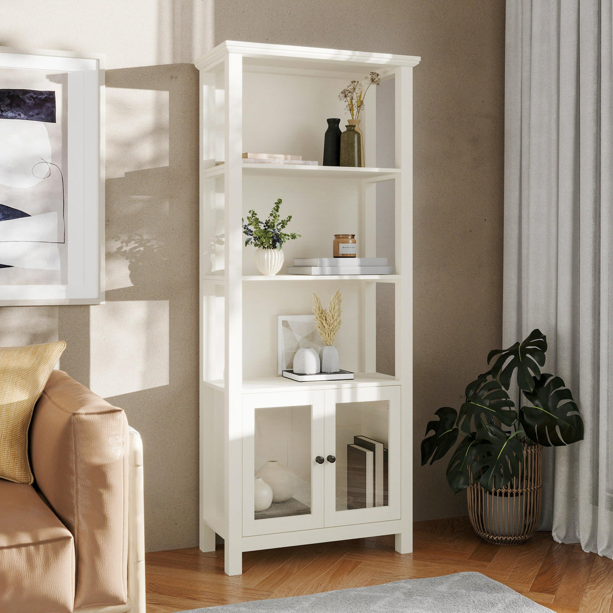 White |#| 3 Tier Farmhouse Style Storage Cabinet Bookshelf with Glass Doors - White