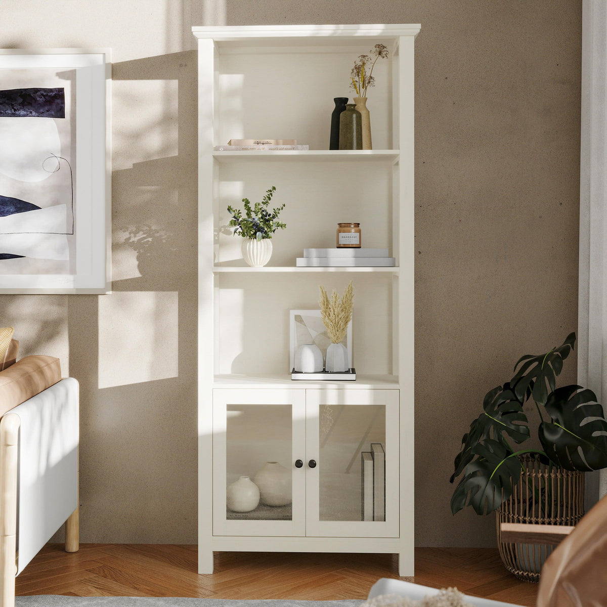 White |#| 3 Tier Farmhouse Style Storage Cabinet Bookshelf with Glass Doors - White