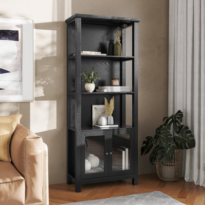 Stella Modern Farmhouse Wooden Bookcase and Storage Cabinet with Tempered Glass Doors and 3 Upper Shelves - View 2