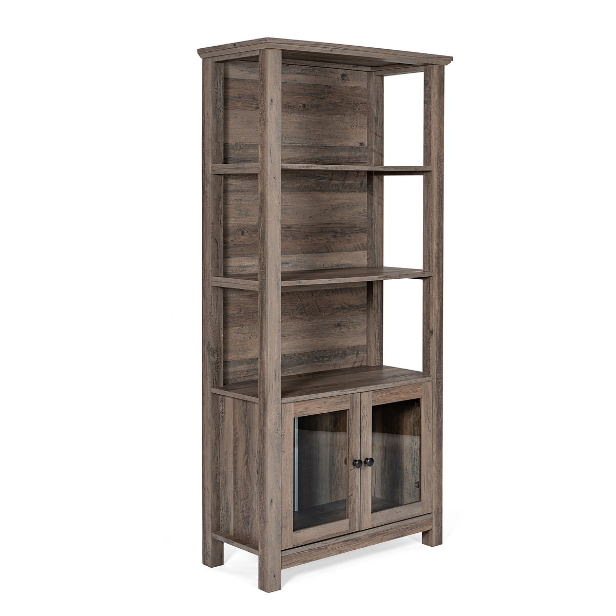 Gray Wash |#| 3 Tier Farmhouse Style Storage Cabinet Bookshelf with Glass Doors - Gray Wash