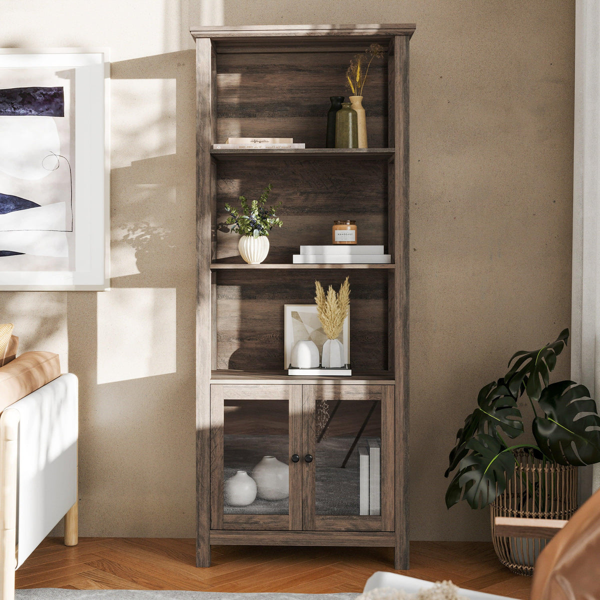 Gray Wash |#| 3 Tier Farmhouse Style Storage Cabinet Bookshelf with Glass Doors - Gray Wash