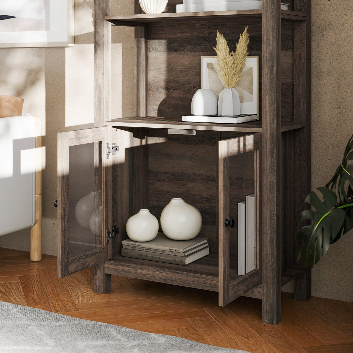 Gray Wash |#| 3 Tier Farmhouse Style Storage Cabinet Bookshelf with Glass Doors - Gray Wash