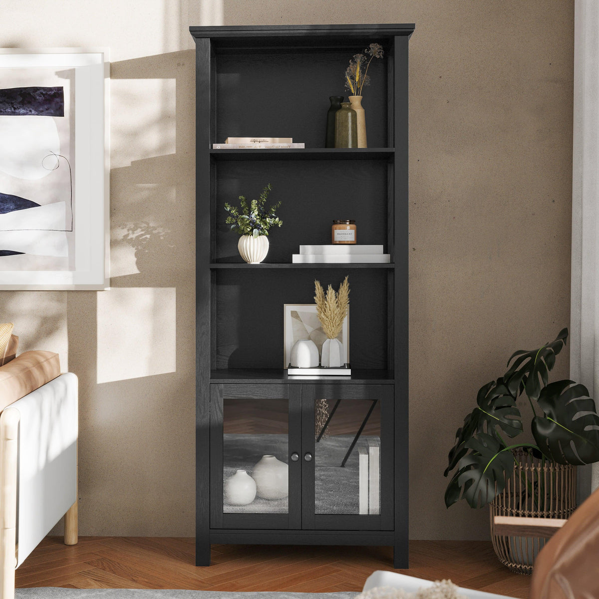 Black |#| 3 Tier Farmhouse Style Storage Cabinet Bookshelf with Glass Doors - Black