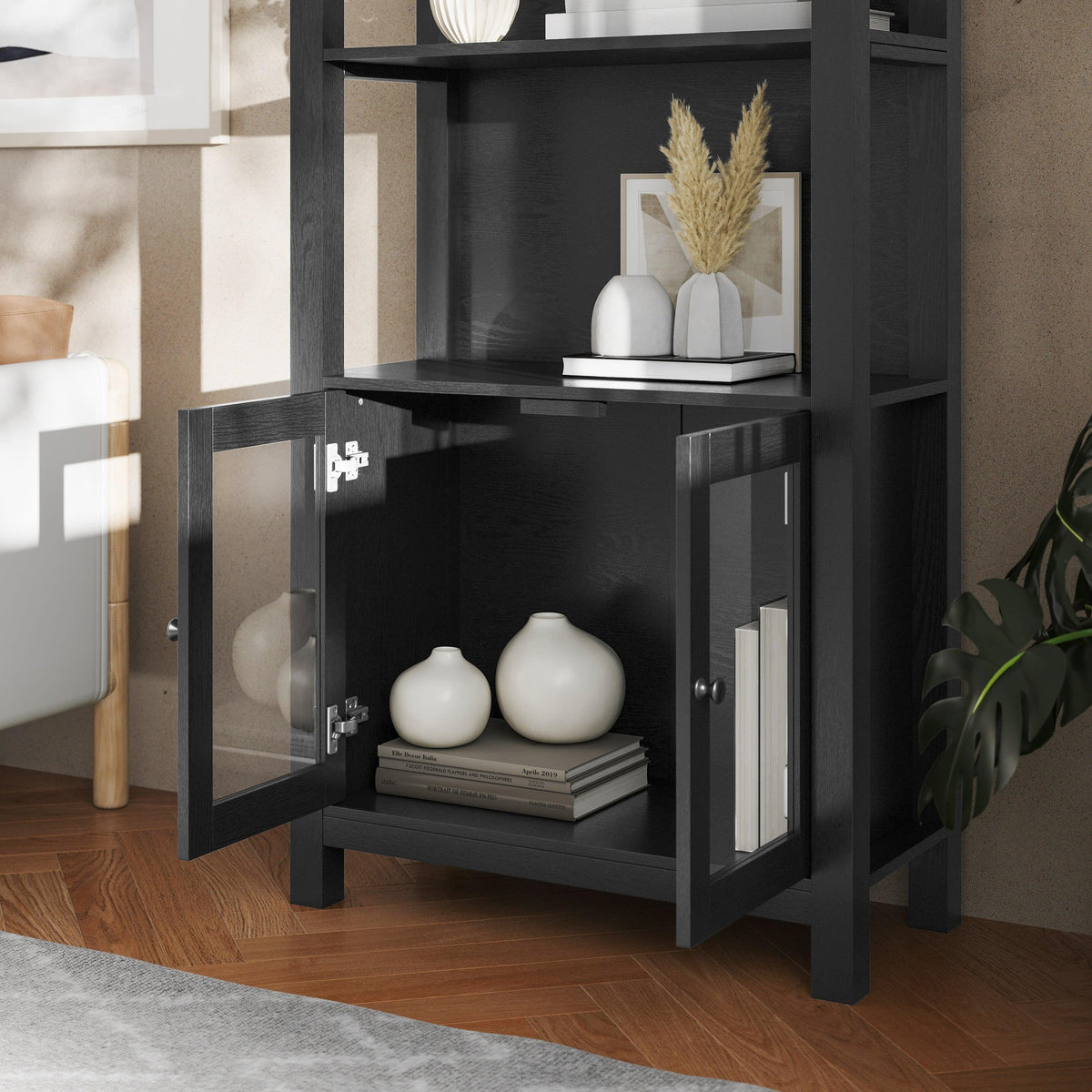 Black |#| 3 Tier Farmhouse Style Storage Cabinet Bookshelf with Glass Doors - Black