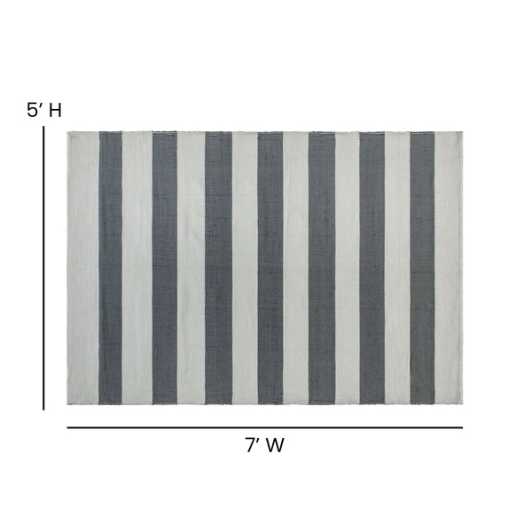 5' x 7' Indoor/Outdoor Handwoven Grey & White Striped Cabana Style Area Rug