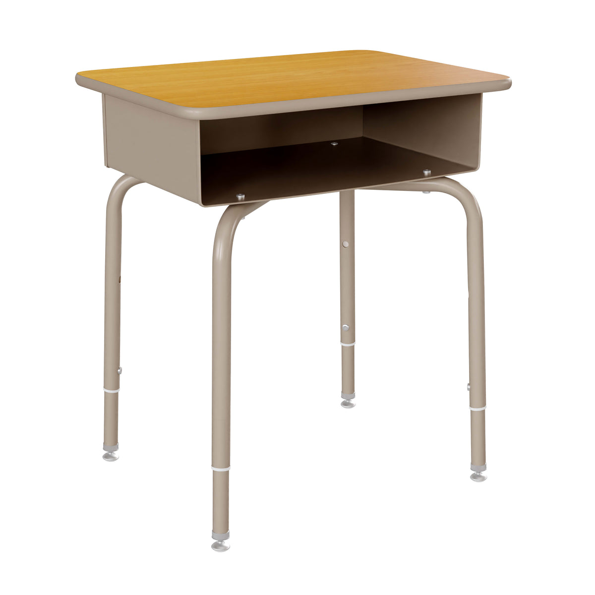 Maple Top/Silver Frame |#| Student Desk with Maple Desktop and Silver Open Front Metal Book Box