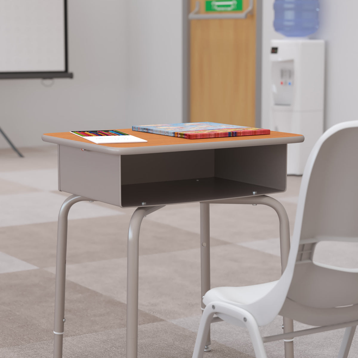 Walnut Top/Silver Frame |#| Student Desk with Walnut Desktop and Silver Open Front Metal Book Box