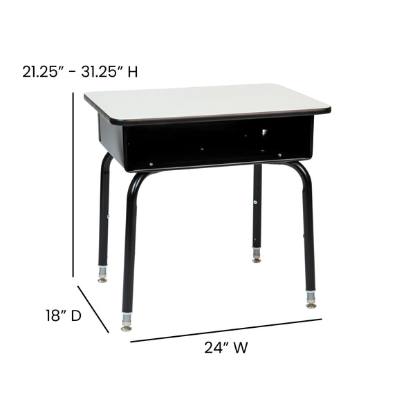 Gray Top/Black Frame |#| Gray Student Desk with Open Front Metal Book Box - School Desk