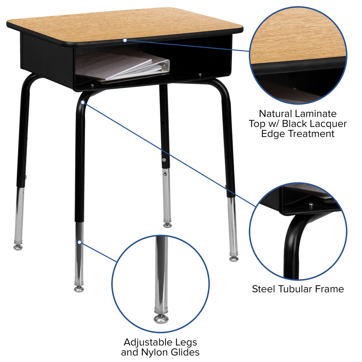 Natural Top/Black Frame |#| Natural Student Desk with Open Front Metal Book Box - School Desk