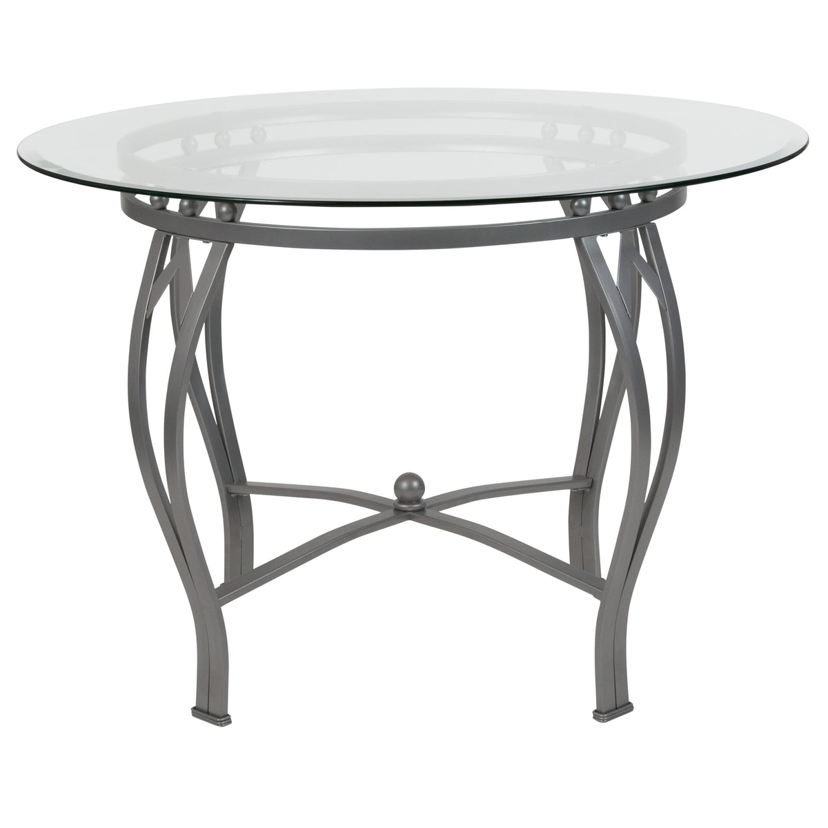 Clear Top/Silver Frame |#| 42inch Round Glass Dining Table with Bowed Out Silver Metal Frame