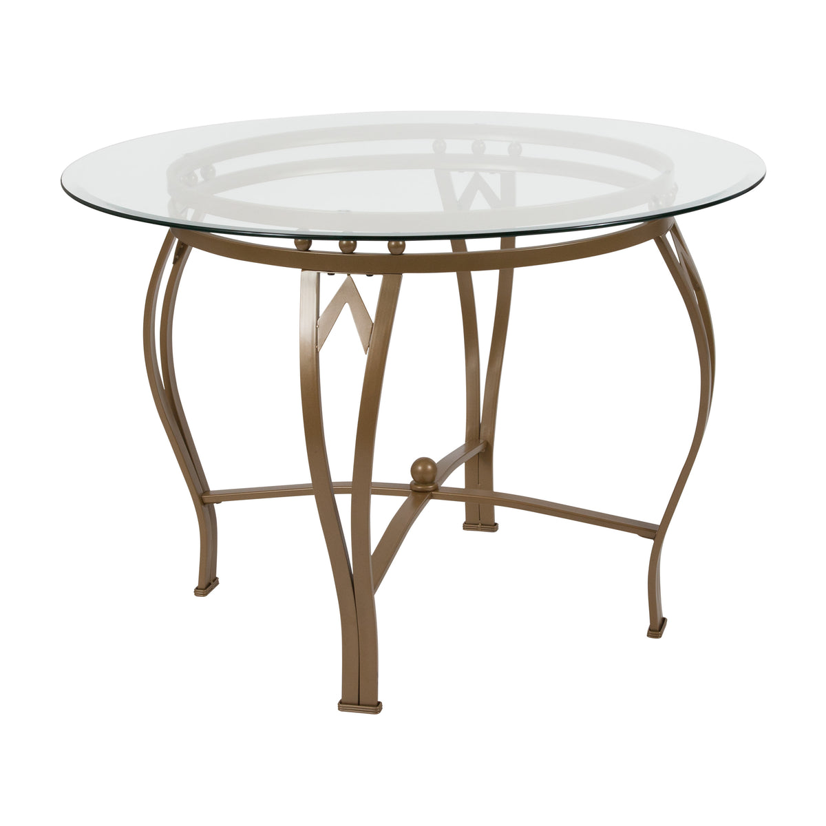 Clear Top/Matte Gold Frame |#| 42inch Round Glass Dining Table with Bowed Out Matte Gold Metal Frame