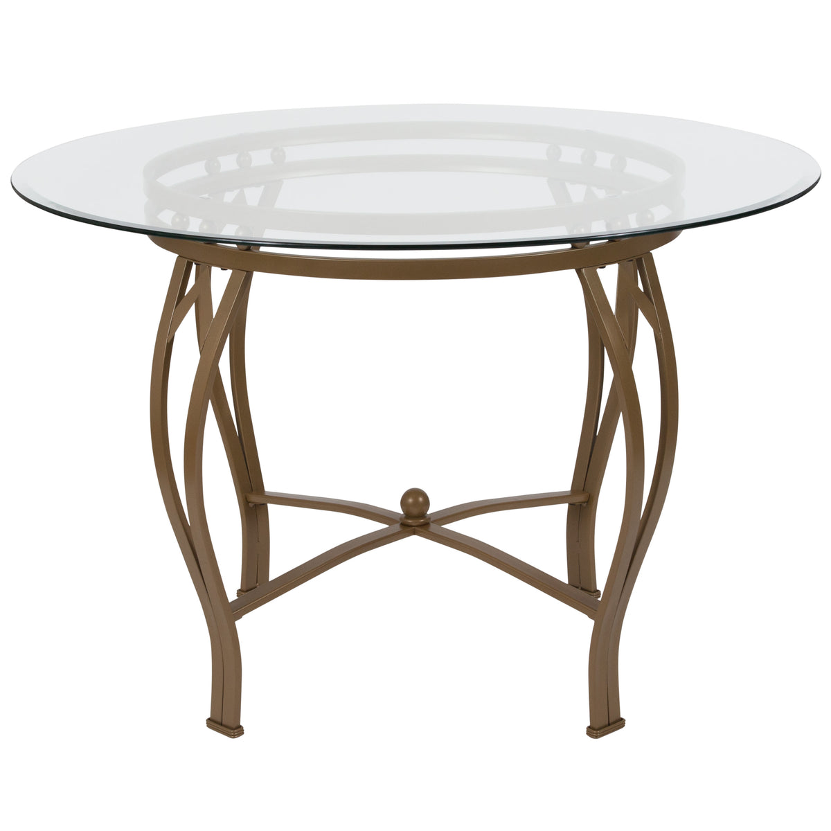 Clear Top/Matte Gold Frame |#| 45inch Round Glass Dining Table with Bowed Out Matte Gold Metal Frame