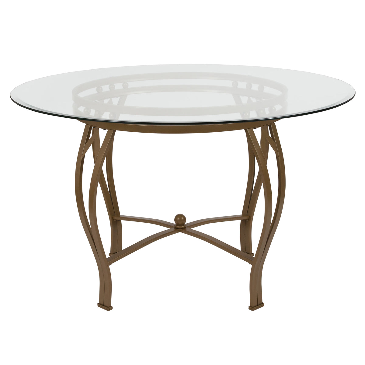Clear Top/Matte Gold Frame |#| 48inch Round Glass Dining Table with Bowed Out Matte Gold Metal Frame