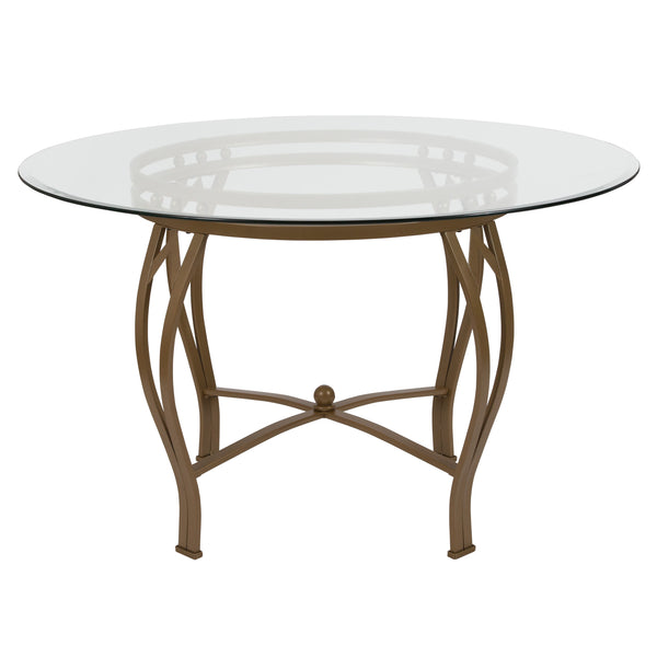 Clear Top/Silver Frame |#| 48inch Round Glass Dining Table with Bowed Out Silver Metal Frame