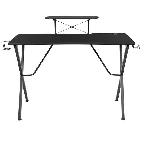 Black |#| Black Gaming Desk; Black & White Reclining Gaming Chair with Slide-Out Footrest