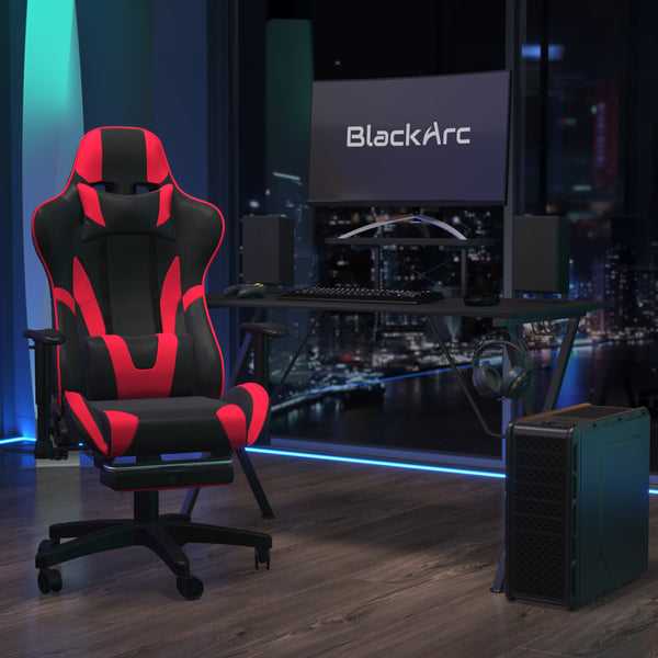 Red |#| Black Gaming Desk; Black & Red Reclining Gaming Chair with Slide-Out Footrest
