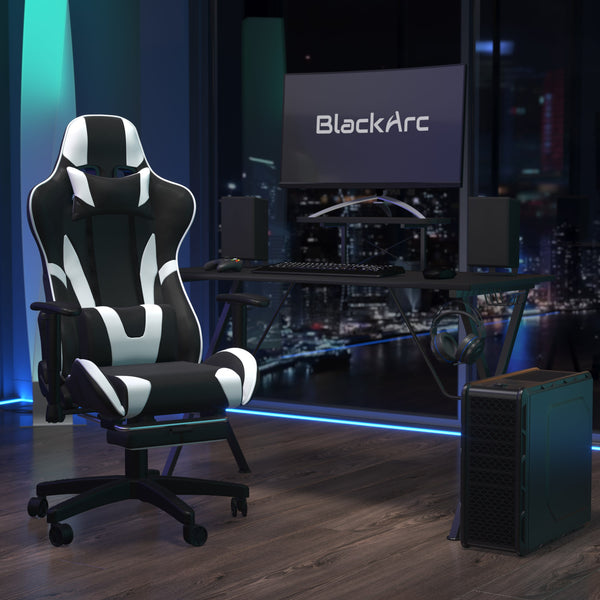 Black |#| Black Gaming Desk; Black & White Reclining Gaming Chair with Slide-Out Footrest