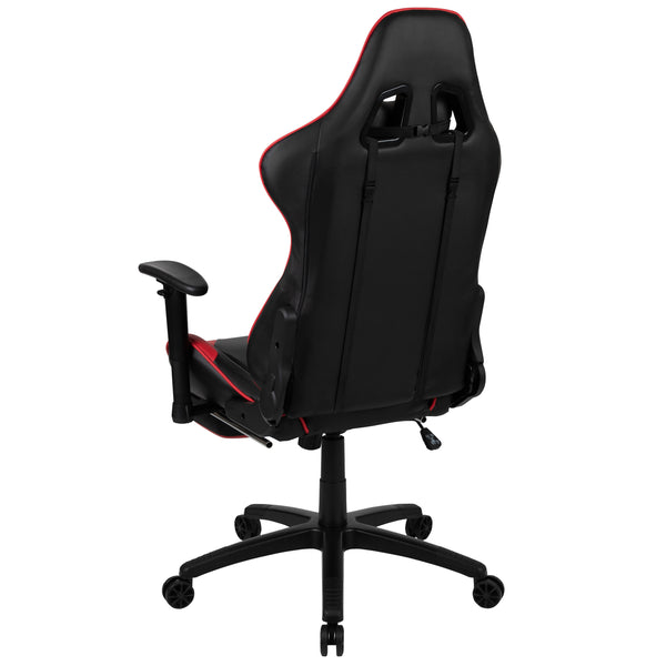 Red |#| Black Gaming Desk; Black & Red Reclining Gaming Chair with Slide-Out Footrest