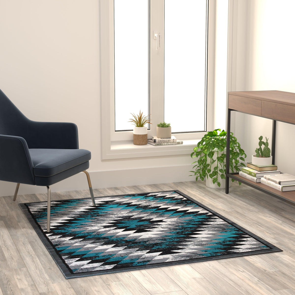 Turquoise,4' x 5' |#| Southwestern Style Diamond Patterned Indoor Area Rug - Turquoise - 4' x 5'