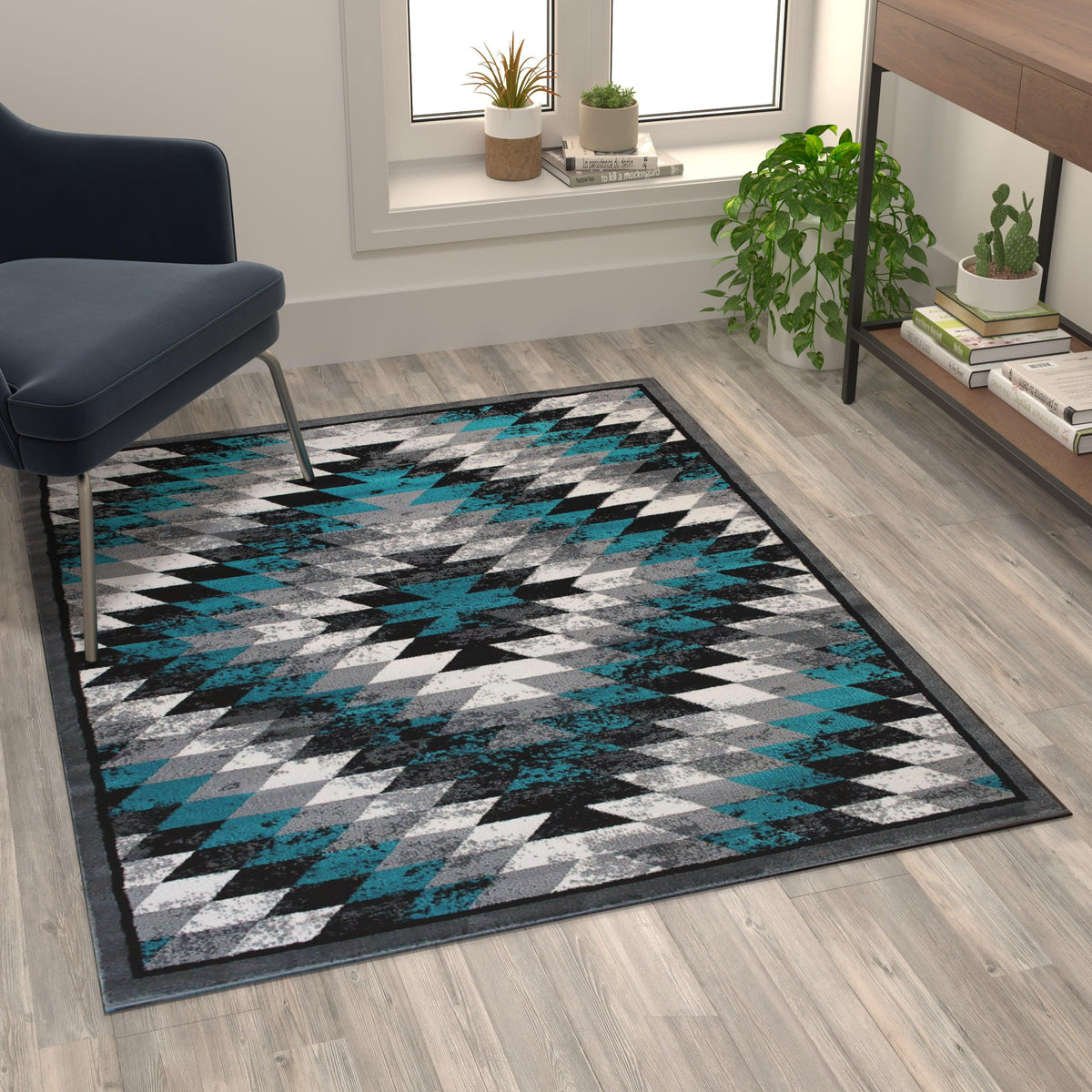 Turquoise,4' x 5' |#| Southwestern Style Diamond Patterned Indoor Area Rug - Turquoise - 4' x 5'