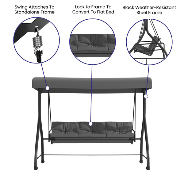 Gray |#| 3-Seat Outdoor Steel Converting Patio Swing and Bed Canopy Hammock in Gray