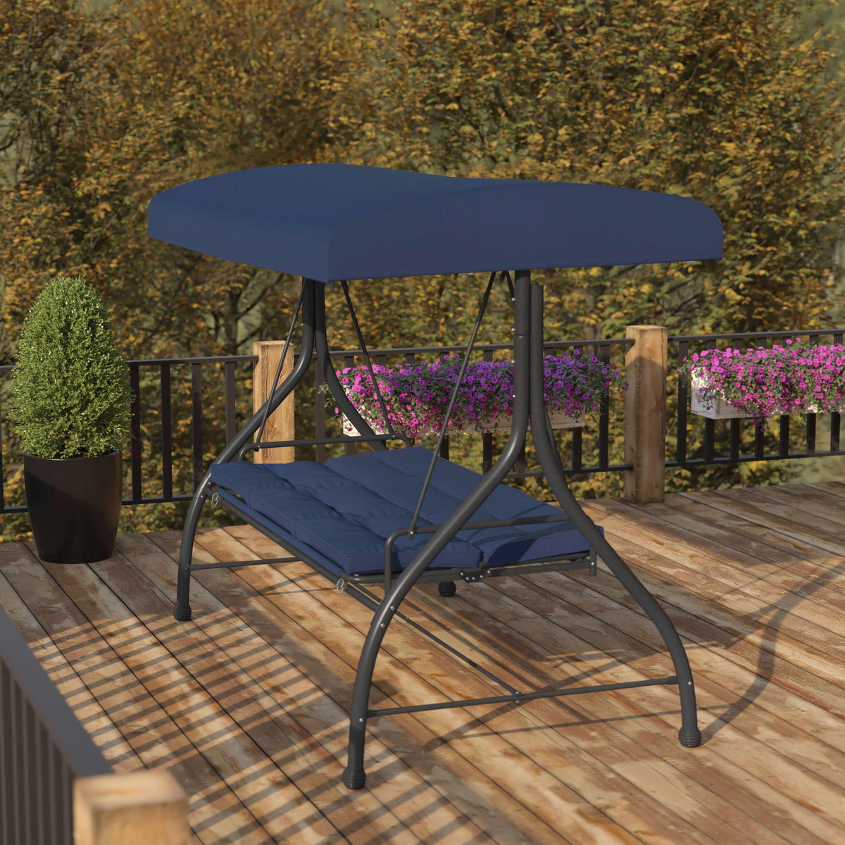 Navy |#| 3-Seat Outdoor Steel Converting Patio Swing and Bed Canopy Hammock in Navy