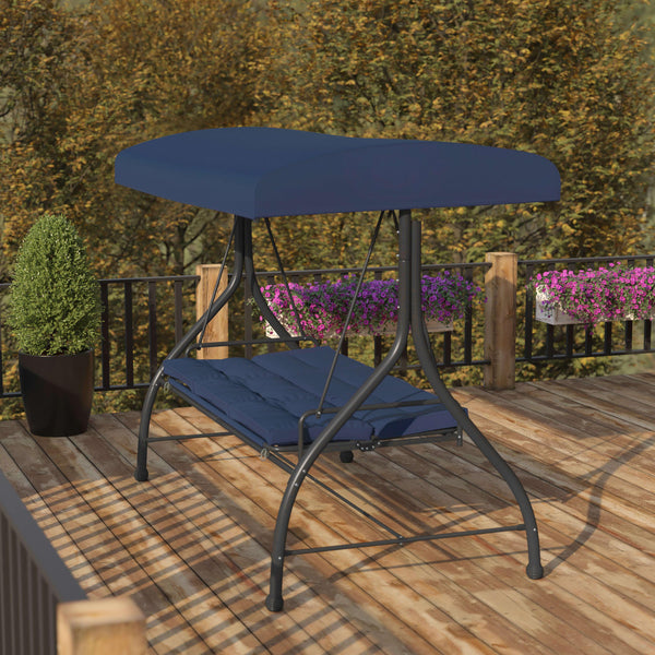 Navy |#| 3-Seat Outdoor Steel Converting Patio Swing and Bed Canopy Hammock in Navy