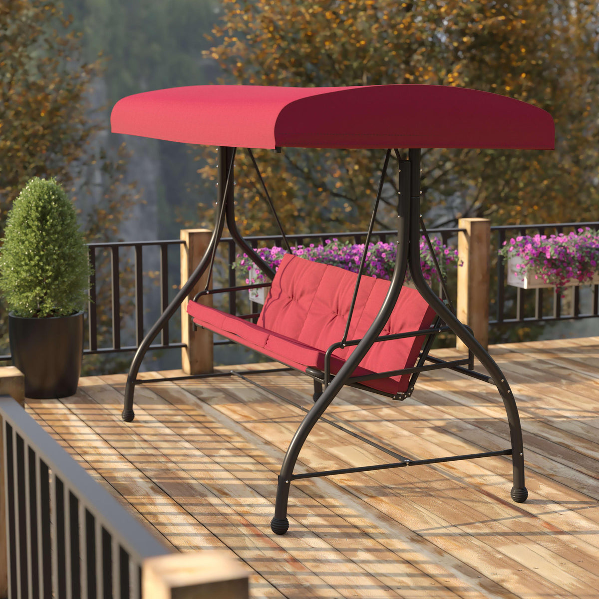 Maroon |#| 3-Seat Outdoor Steel Converting Patio Swing and Bed Canopy Hammock in Maroon