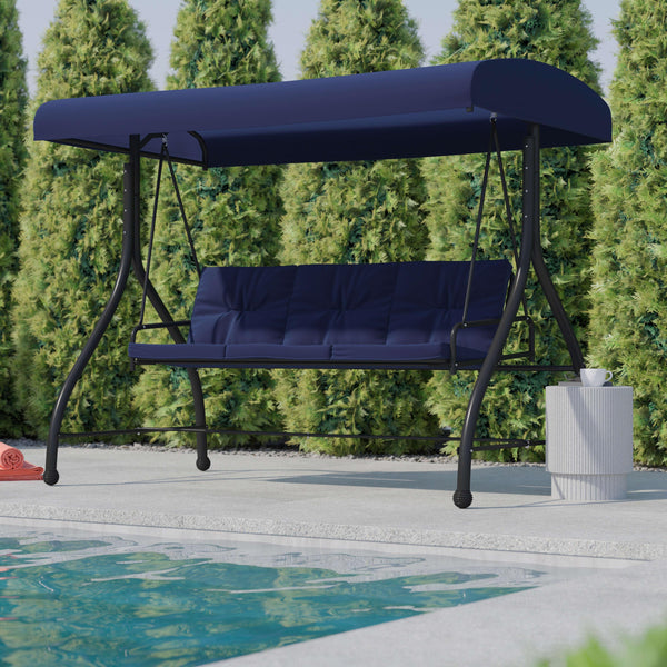 Navy |#| 3-Seat Outdoor Steel Converting Patio Swing and Bed Canopy Hammock in Navy