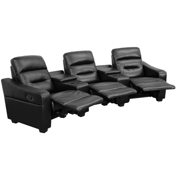 Black |#| 3-Seat Reclining Black LeatherSoft Tufted Bustle Back Seating Unit w/Cup Holders