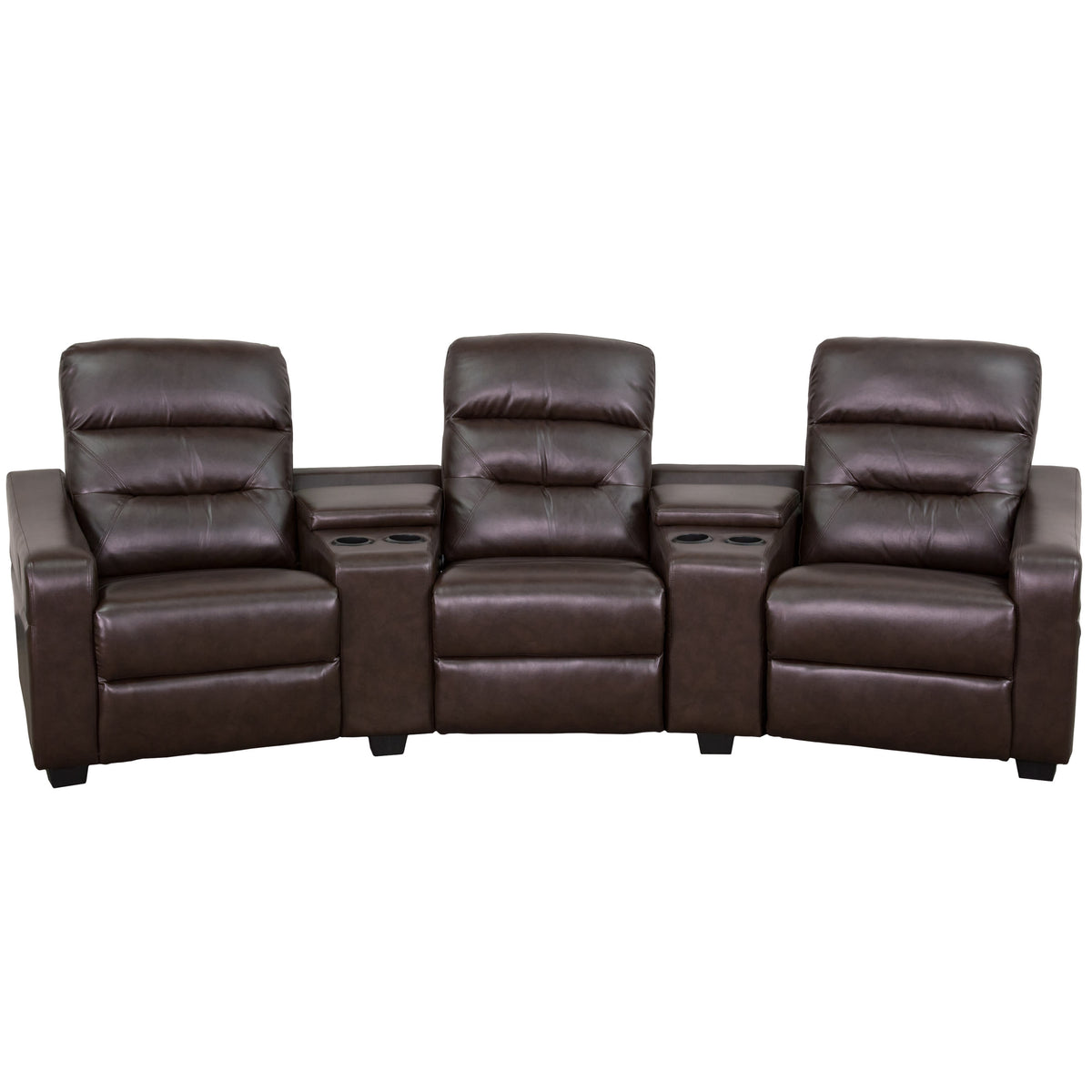 Brown |#| 3-Seat Reclining Brown LeatherSoft Tufted Bustle Back Seating Unit w/Cup Holders