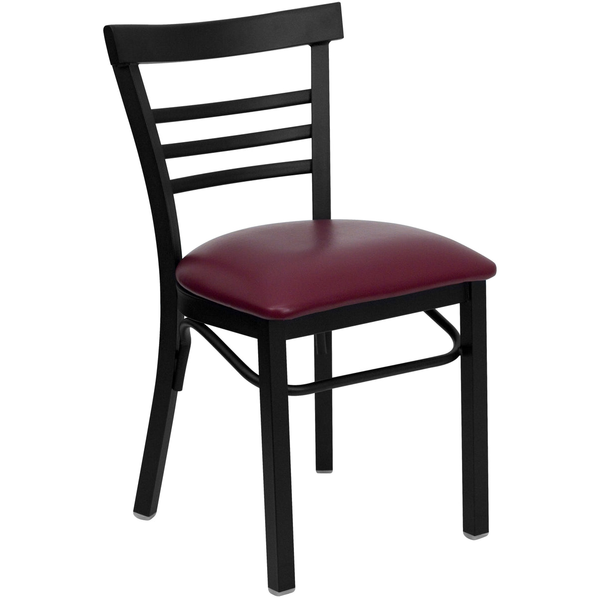 Burgundy Vinyl Seat/Black Metal Frame |#| Black Three-Slat Ladder Back Metal Restaurant Chair - Burgundy Vinyl Seat