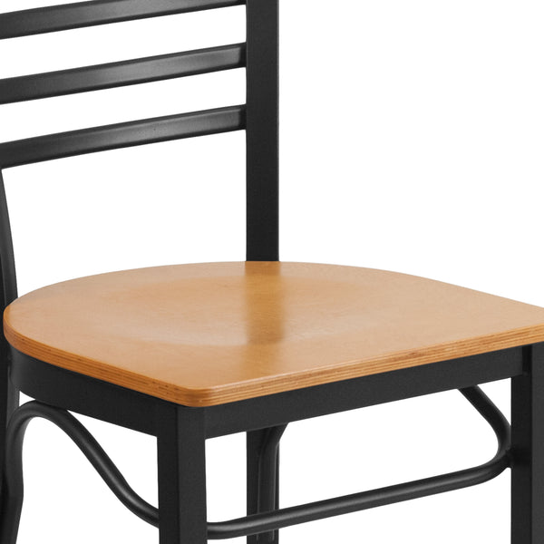 Natural Wood Seat/Black Metal Frame |#| Black Three-Slat Ladder Back Metal Restaurant Chair - Natural Wood Seat