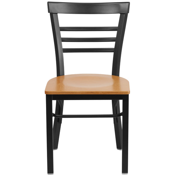 Natural Wood Seat/Black Metal Frame |#| Black Three-Slat Ladder Back Metal Restaurant Chair - Natural Wood Seat
